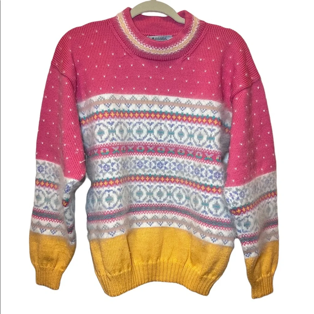 Vintage Marceau Wool Angora Fair‎ Isle Sweater Fuzzy Pink Mustard Cottagecore